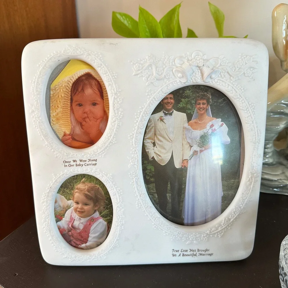 Vtg White Ceramic Wedding Collage Picture Frame Floral Bridal Shower Cottagecore